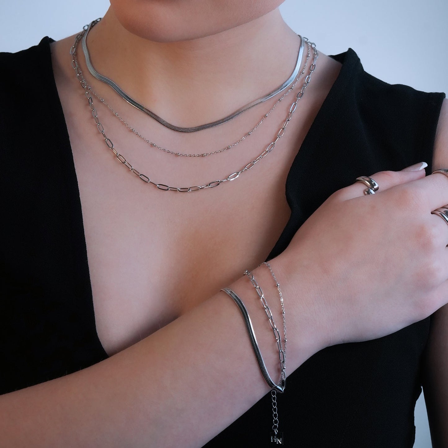 REINEDA: Triple Stacked White Gold (Silver Toned) Bracelet