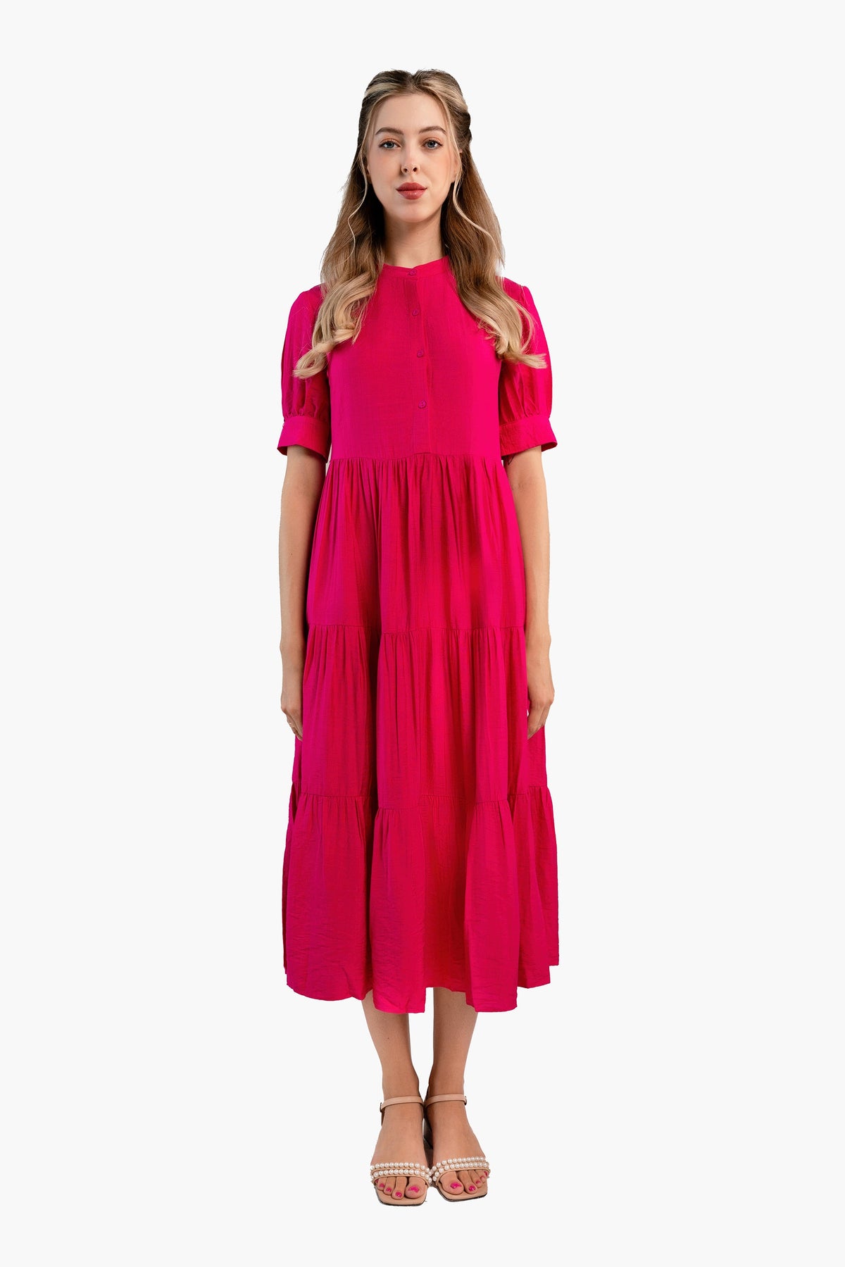 Fuchsia Crinkle Tiered Midi Dress
