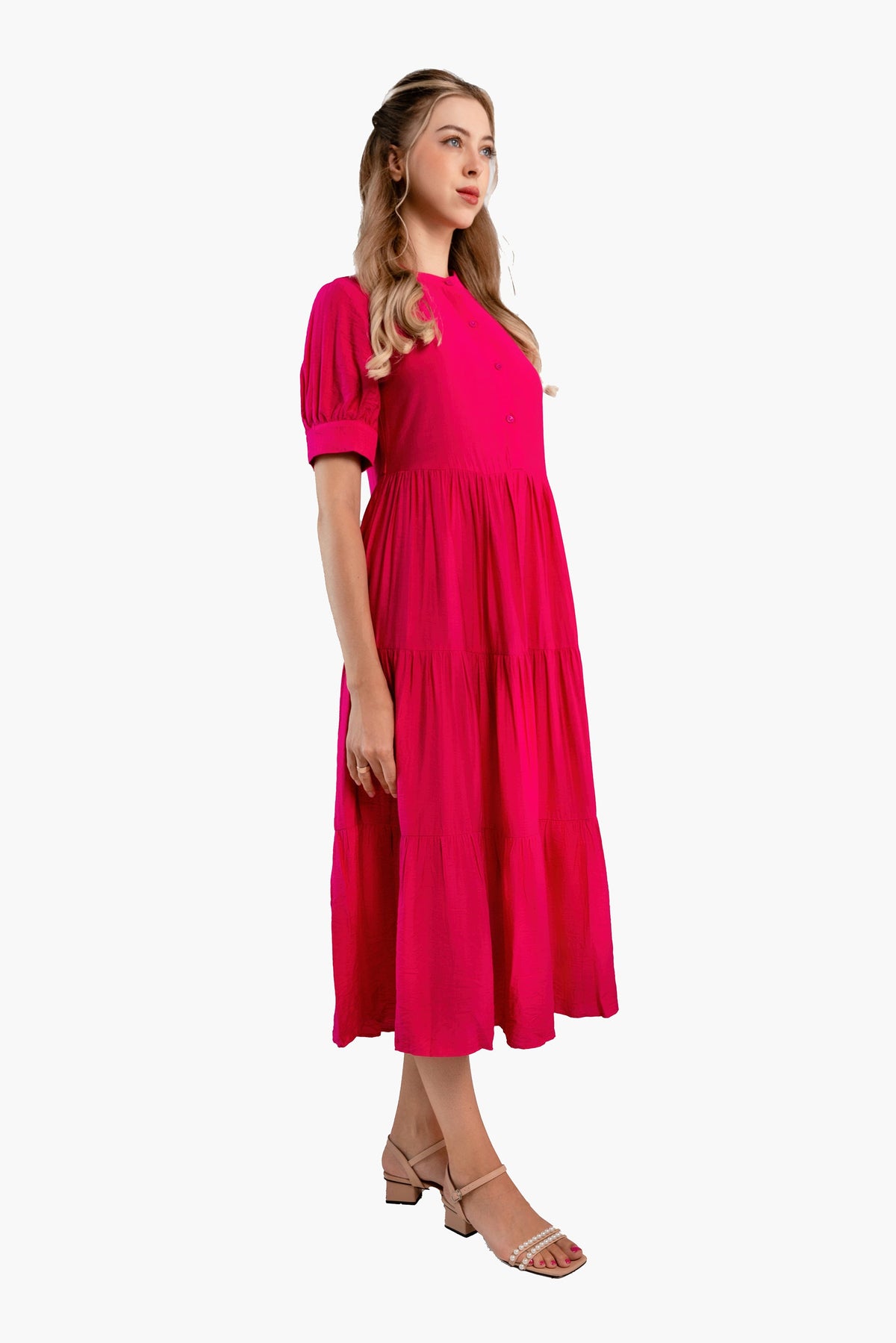 Fuchsia Crinkle Tiered Midi Dress