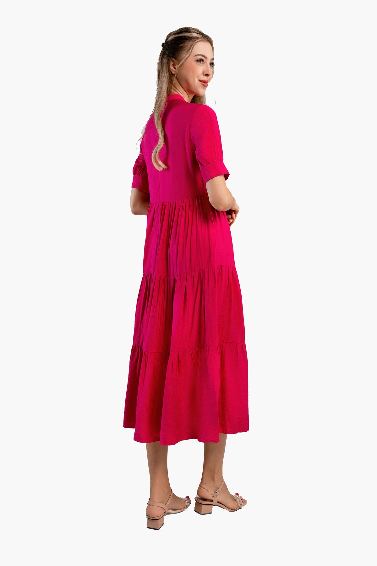 Fuchsia Crinkle Tiered Midi Dress