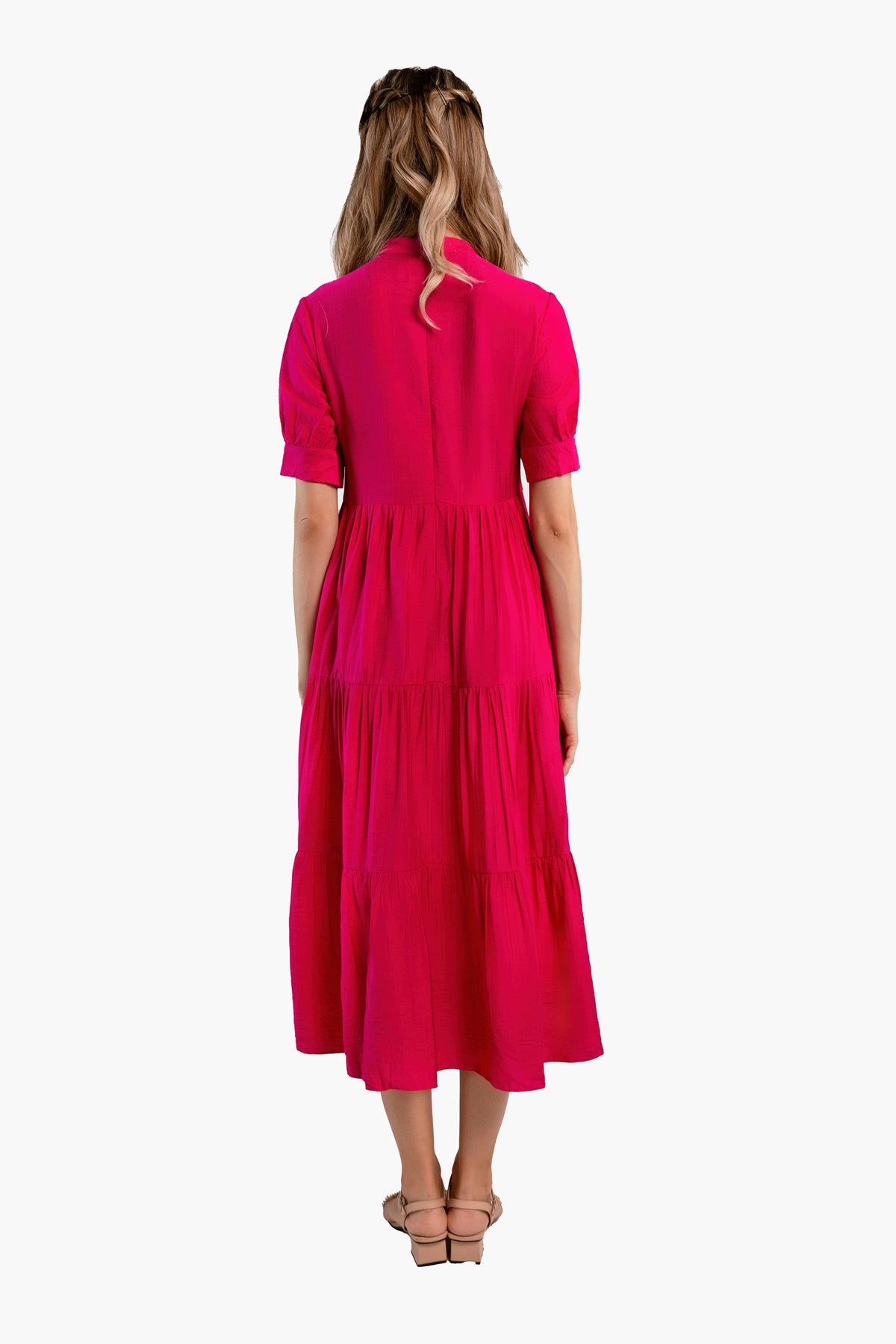 Fuchsia Crinkle Tiered Midi Dress