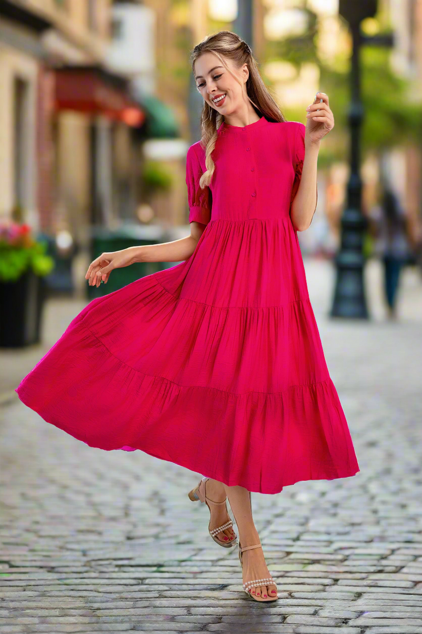 Fuchsia Crinkle Tiered Midi Dress