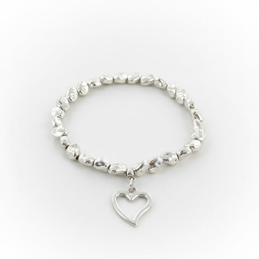 Heart Charm Nugget Bracelet in Silver Plate