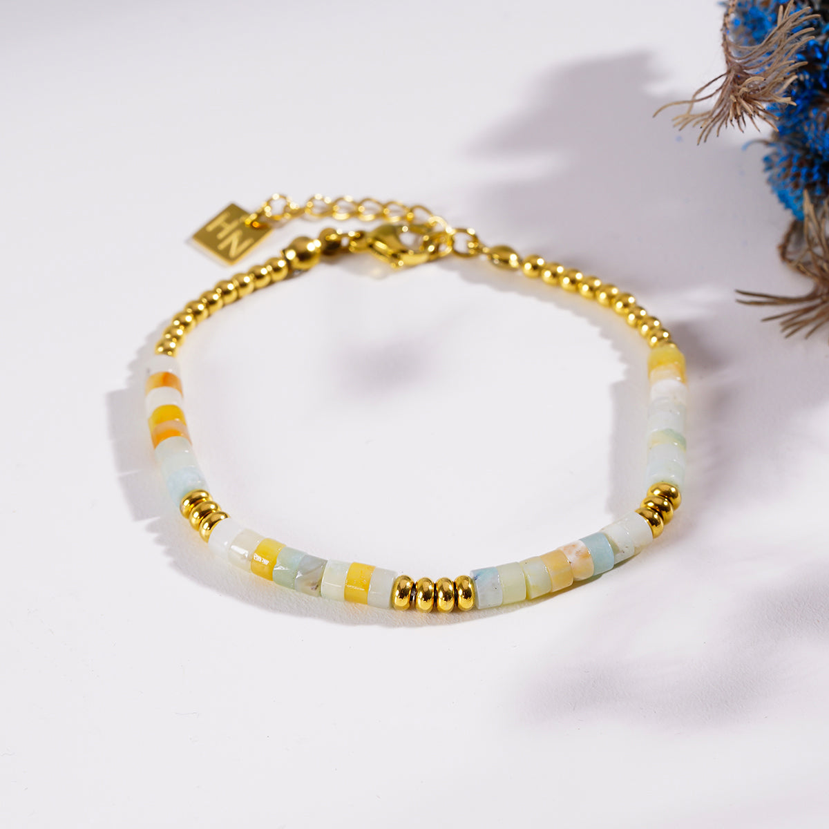 Pink Aventurine Stones and Gold Beaded Bracelet