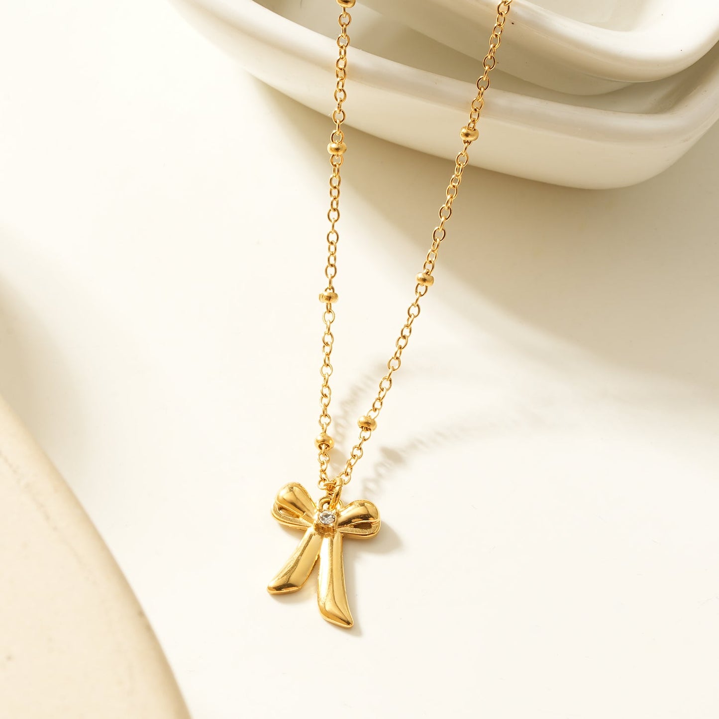 Dainty Beaded Chain Necklace with Bow Pendant