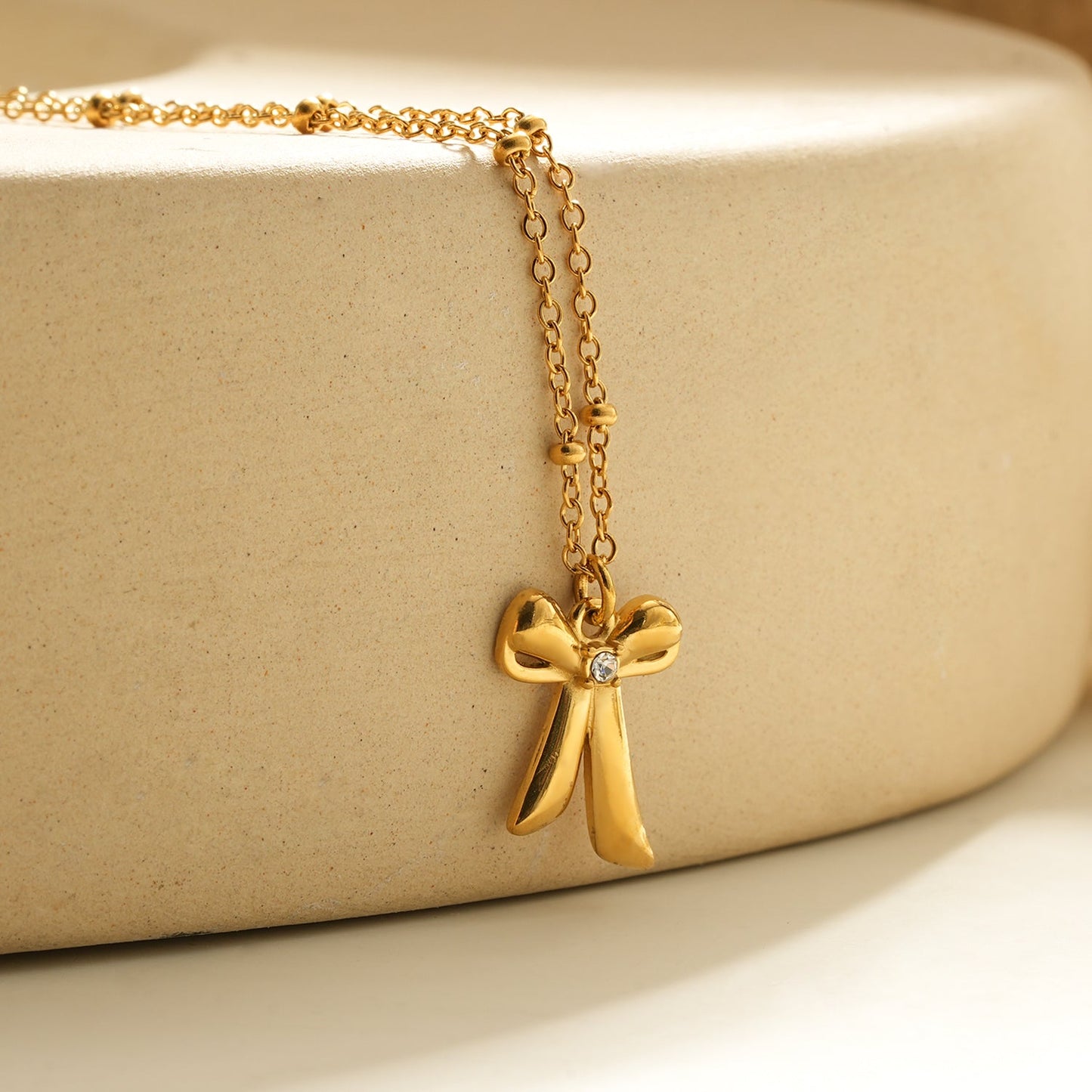 Dainty Beaded Chain Necklace with Bow Pendant