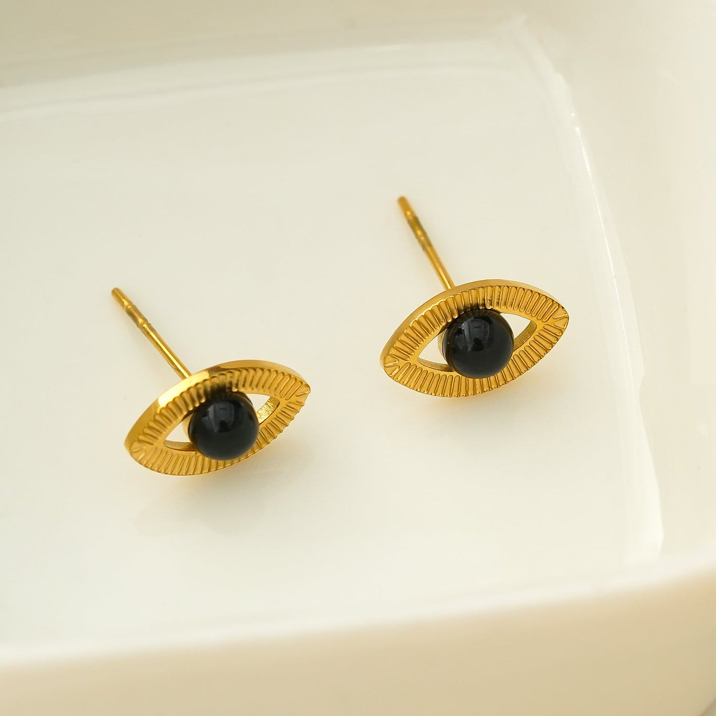 Gold Evil Eye Studs with Black Onyx Embellishment