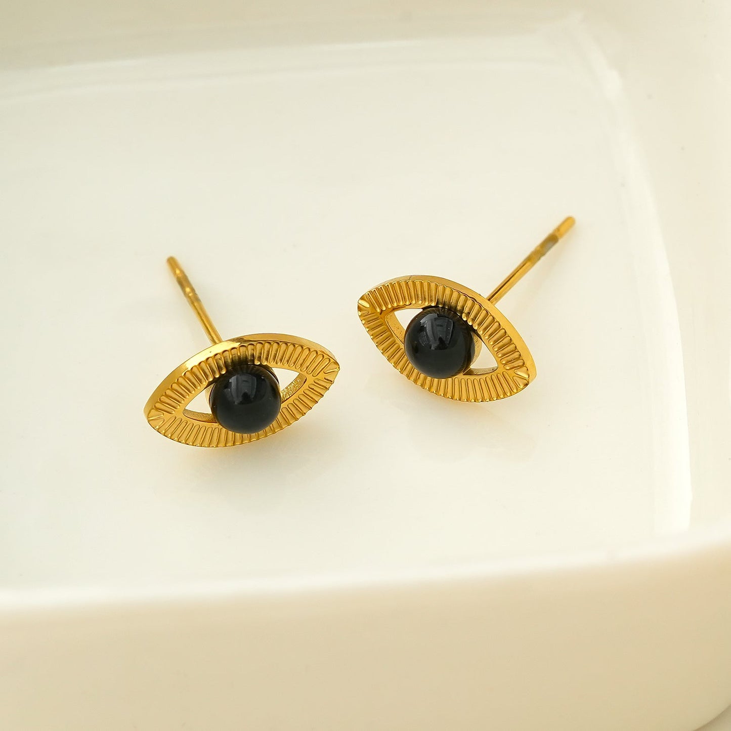 Gold Evil Eye Studs with Black Onyx Embellishment