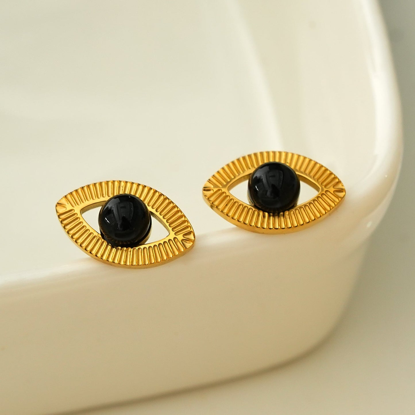 Gold Evil Eye Studs with Black Onyx Embellishment