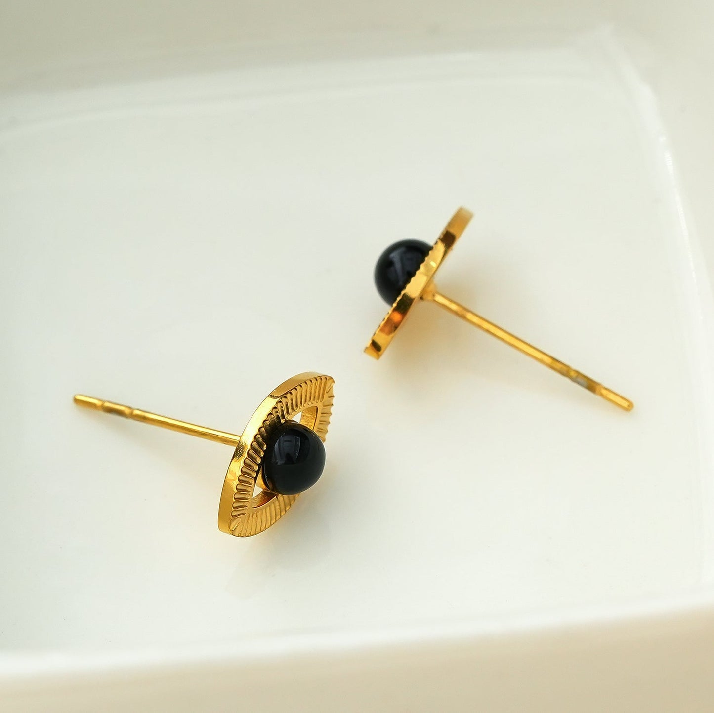 Gold Evil Eye Studs with Black Onyx Embellishment
