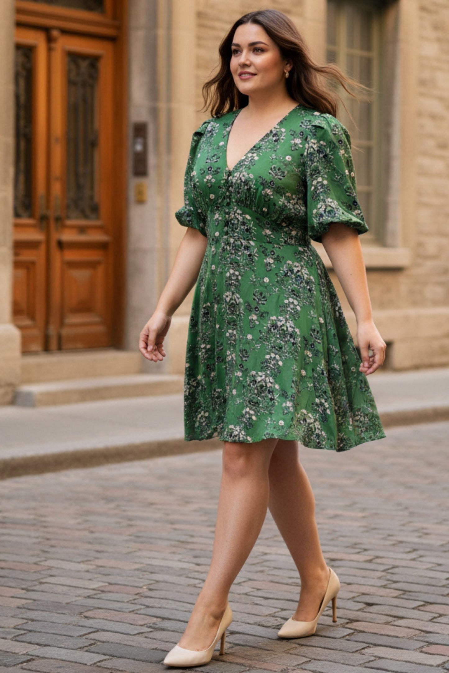 Talia Green Floral Fit and Flare Dress