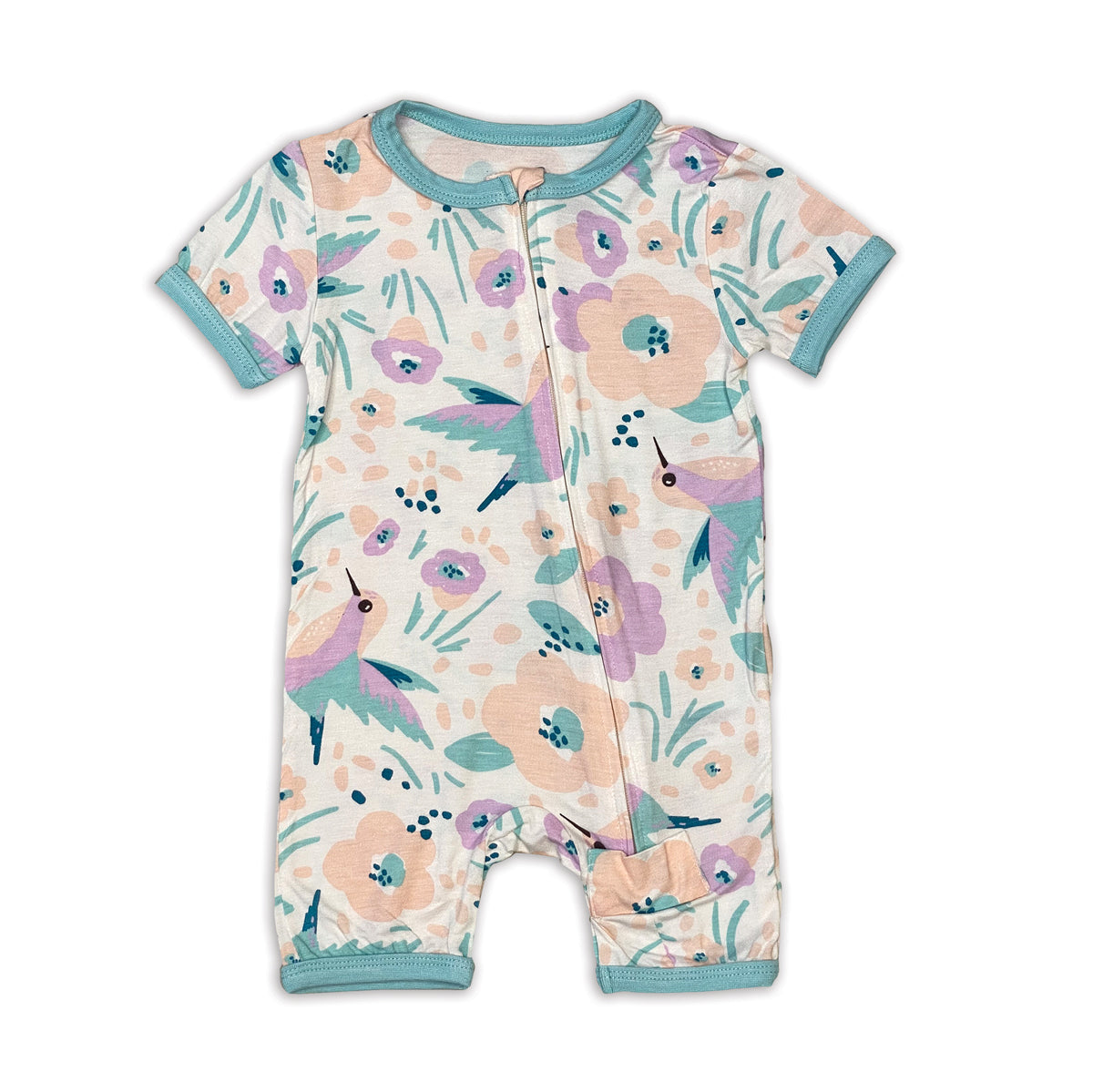 Bamboo Short Sleeve Zippy Romper (Hummingbird Garden Print)