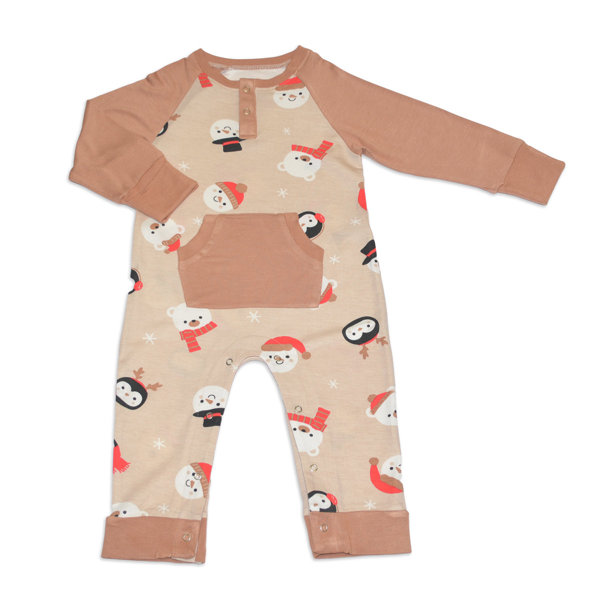 Bamboo L/S Romper w/Kangaroo pkt (Snowy Faces Print)