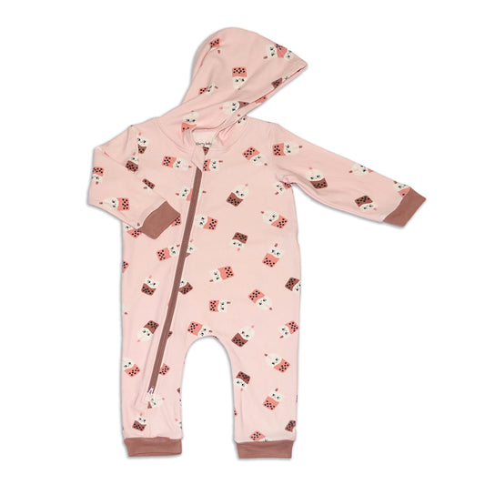 Bamboo Fleece Hooded Romper w/2 Way Zipper (Bubble Tea Time Print)