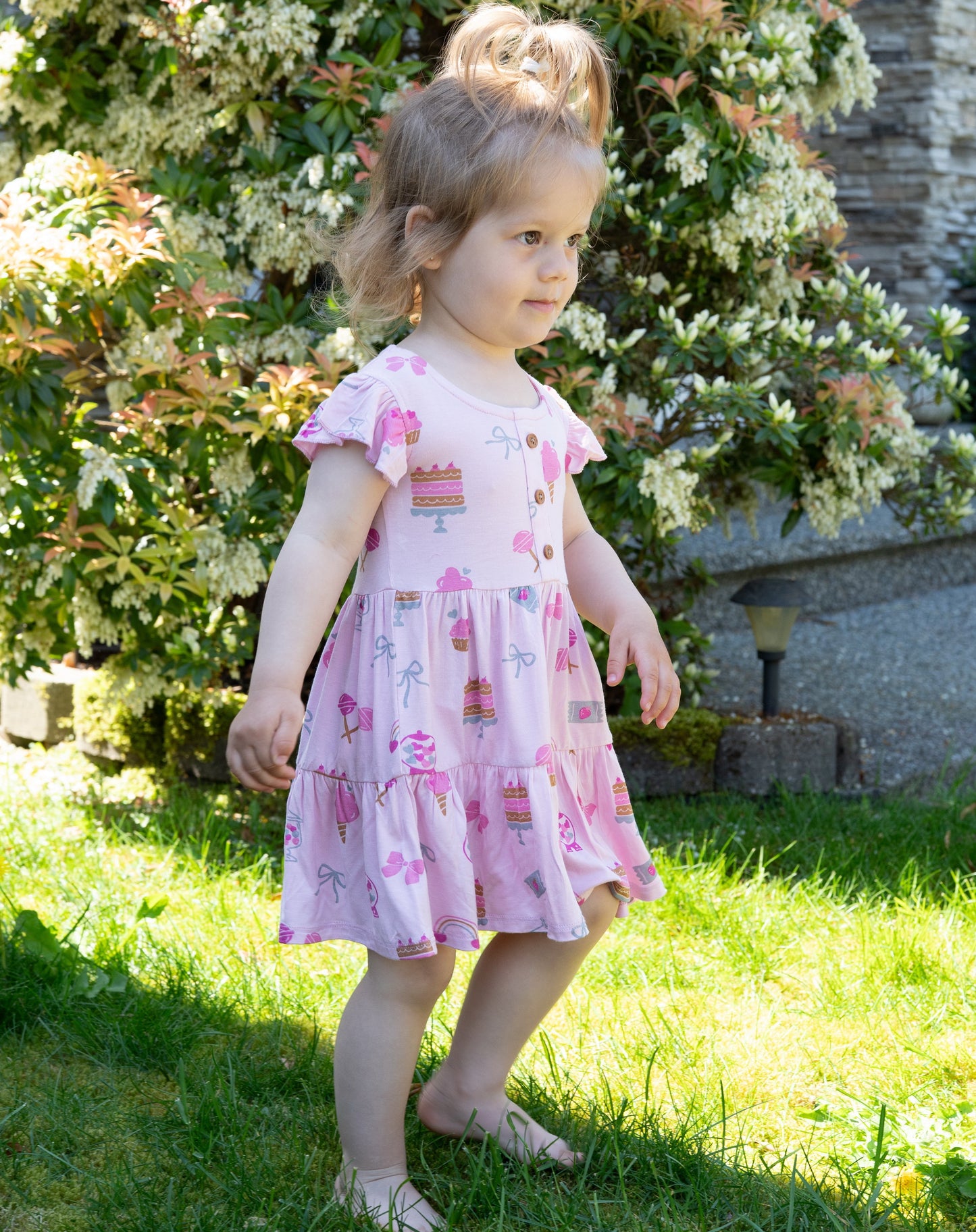 Bamboo Flutter Sleeve Tiered Dress with Bloomer (Sweet Shop Print)
