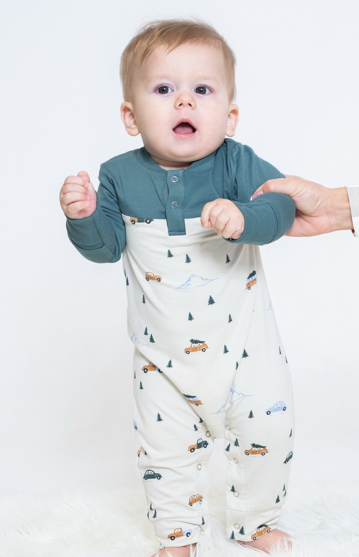 Bamboo Long Sleeve Romper (Pine/Winter Road Trip Print)