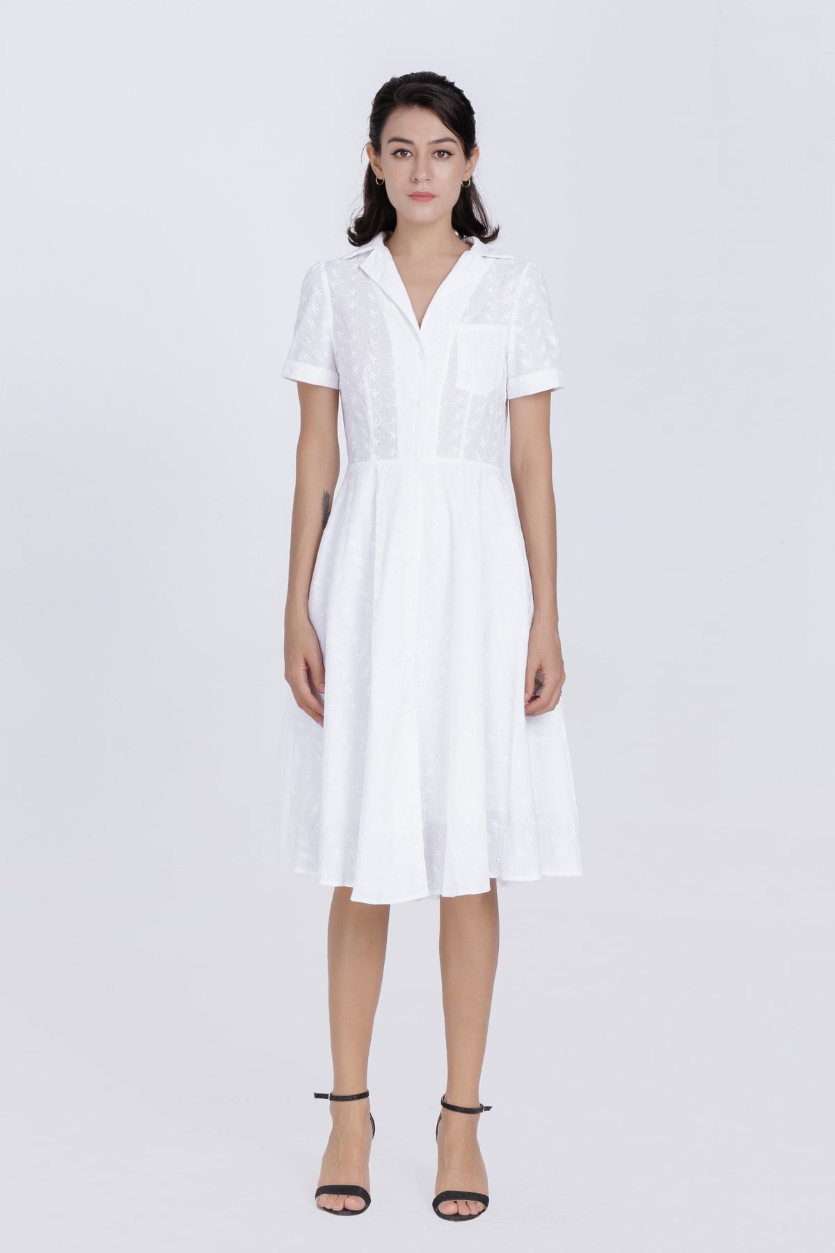 White Eyelet Fit-and-Flare Shirt Dress