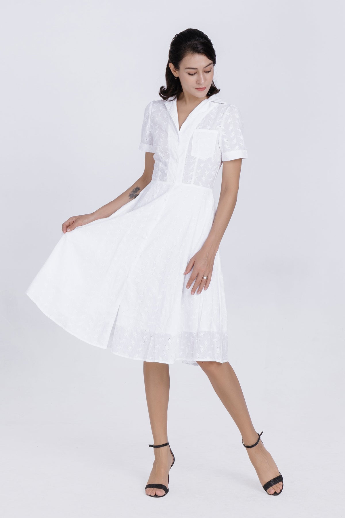 White Eyelet Fit-and-Flare Shirt Dress