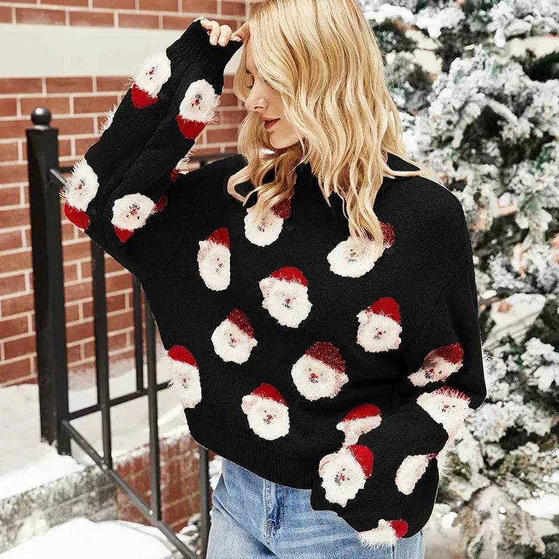 Christmas Sweater Women Cute Santa Print Knit Sweater