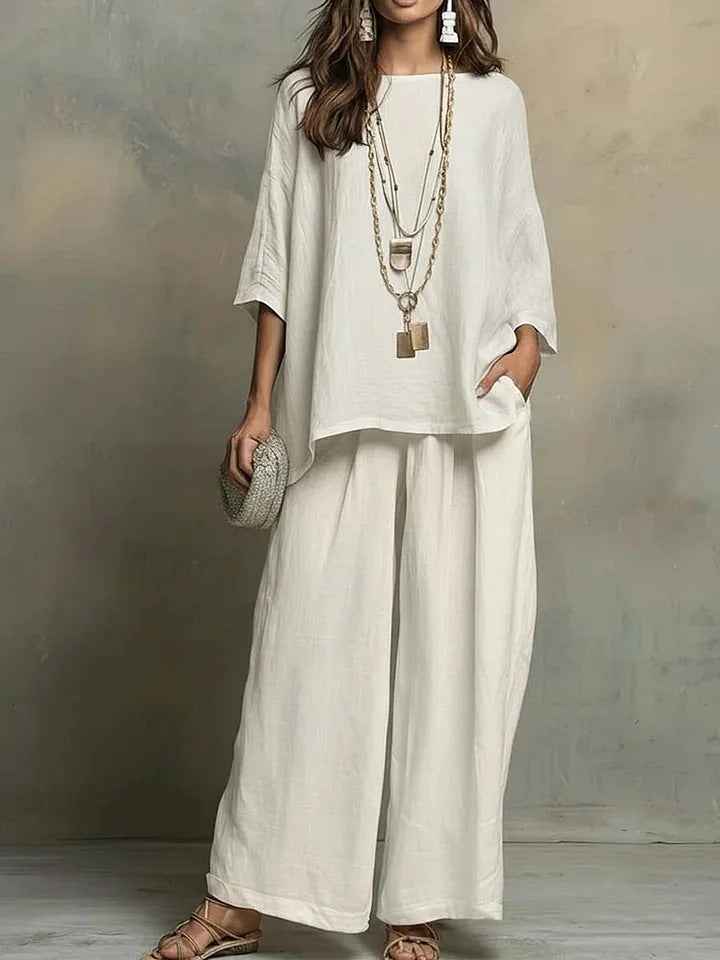 Loose Fit Linen Blend Shirt & Wide Leg Pants Two-Piece Set