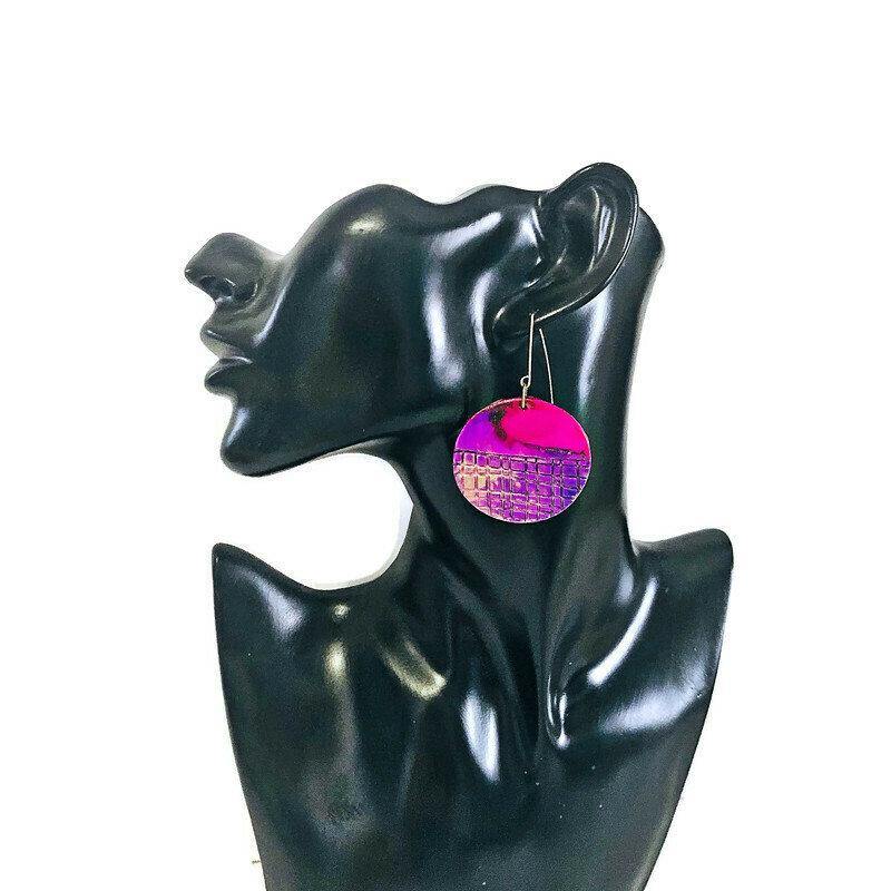Alcohol Ink Earrings Pink Purple & Gold, Large Disc Dangles- "Megan"