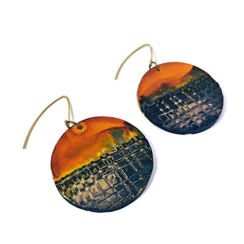 Alcohol Ink Earrings Pink Purple & Gold, Large Disc Dangles- "Megan"