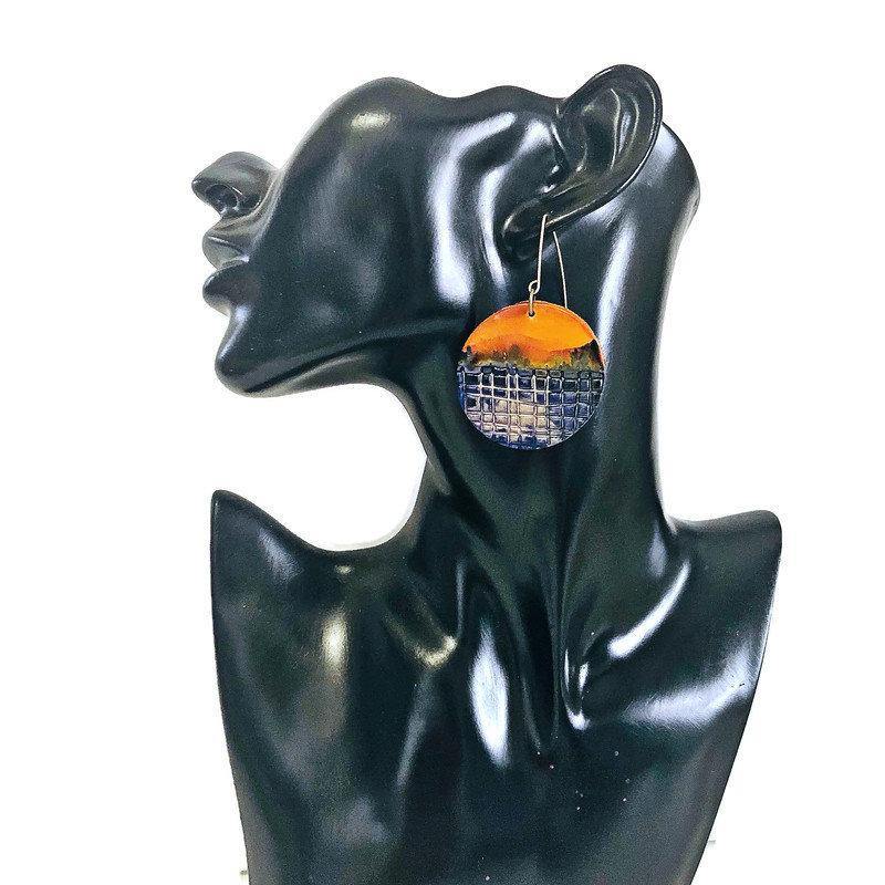 Alcohol Ink Earrings Pink Purple & Gold, Large Disc Dangles- "Megan"