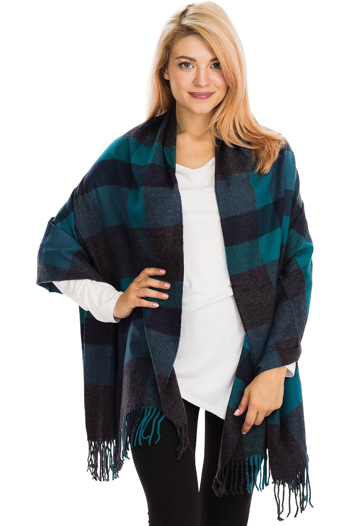 Windowpane Plaid Vegan Cashmere Long Wrap Scarf: TEAL/NAVY BLUE