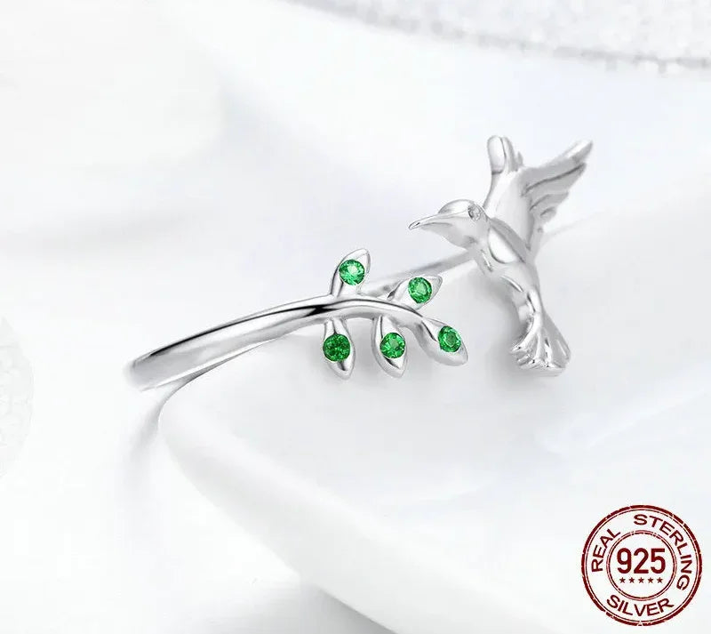 Sterling Silver Green Tree & Bird Open Ring