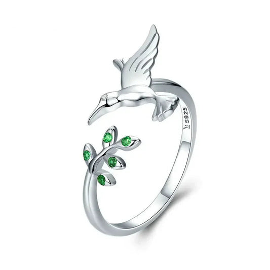 Sterling Silver Green Tree & Bird Open Ring
