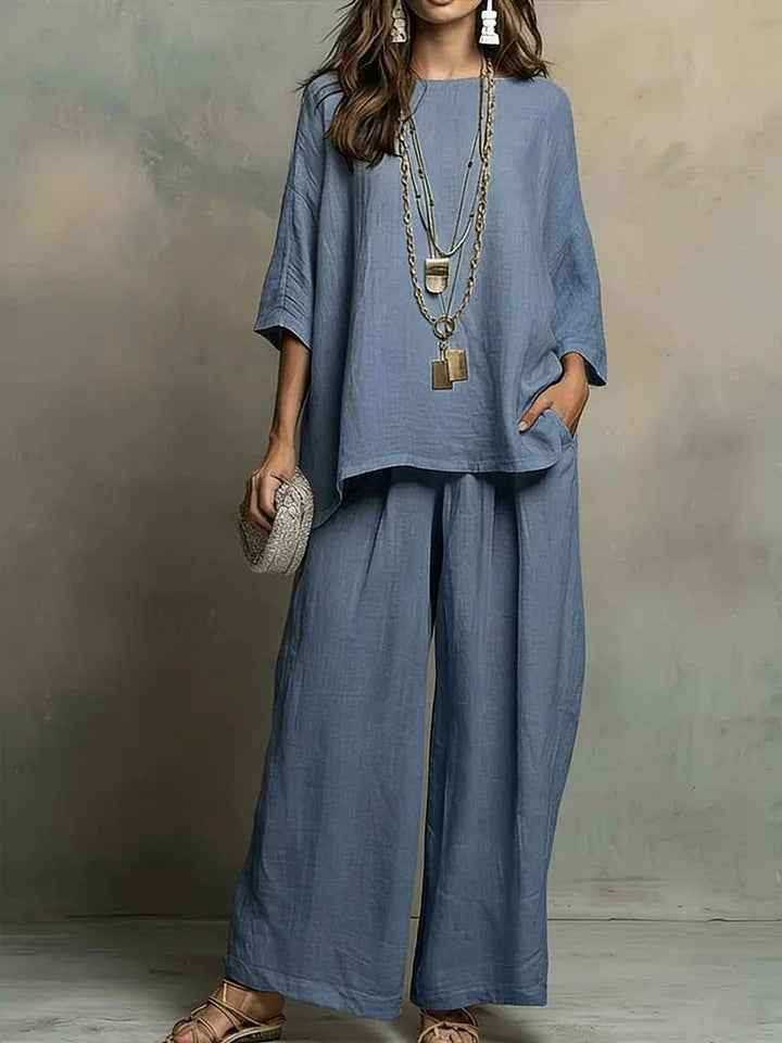 Loose Fit Linen Blend Shirt & Wide Leg Pants Two-Piece Set