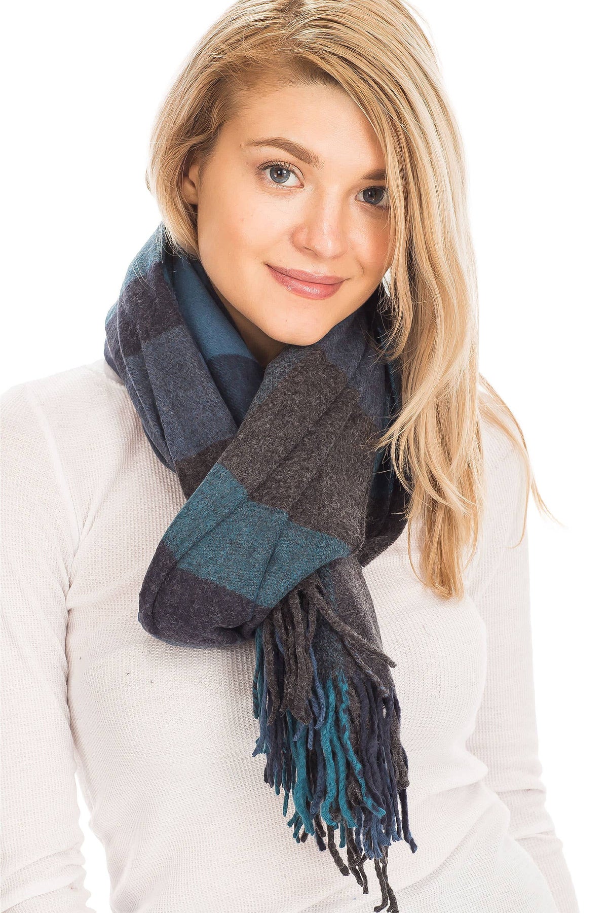 Windowpane Plaid Vegan Cashmere Long Wrap Scarf: TEAL/NAVY BLUE