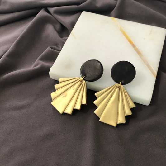 Black & Gold Modern Statement Earrings with Geometric Fan- "Ruth"