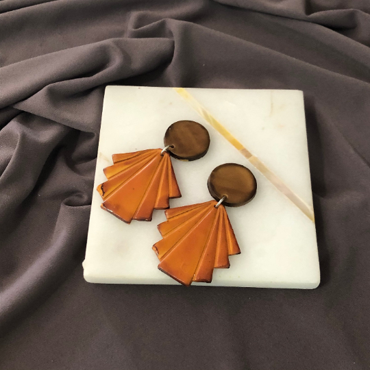 Black & Gold Modern Statement Earrings with Geometric Fan- "Ruth"