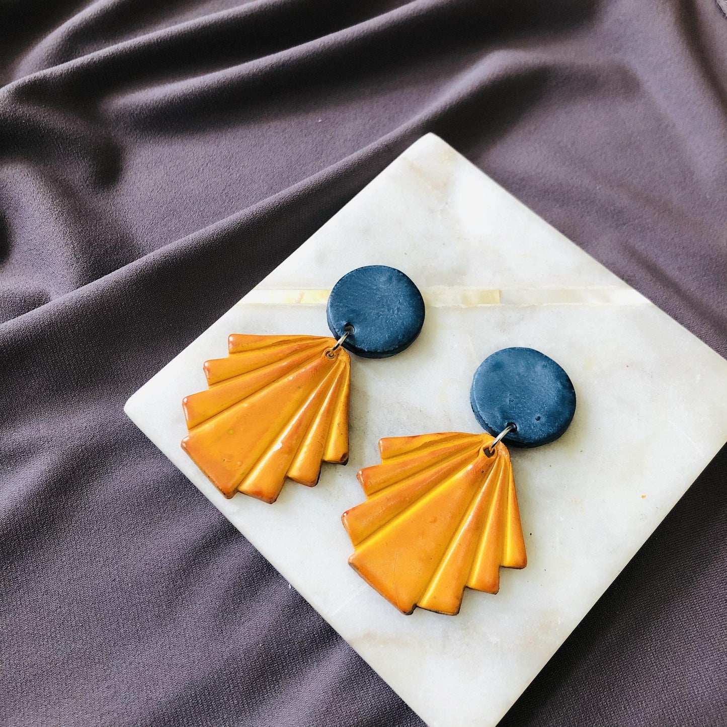 Black & Gold Modern Statement Earrings with Geometric Fan- "Ruth"