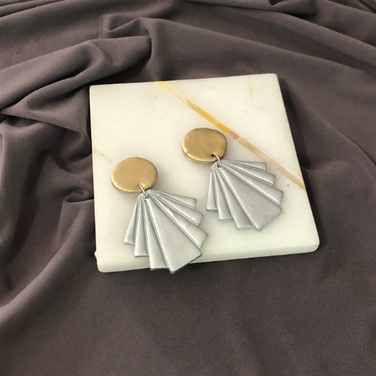 Black & Gold Modern Statement Earrings with Geometric Fan- "Ruth"