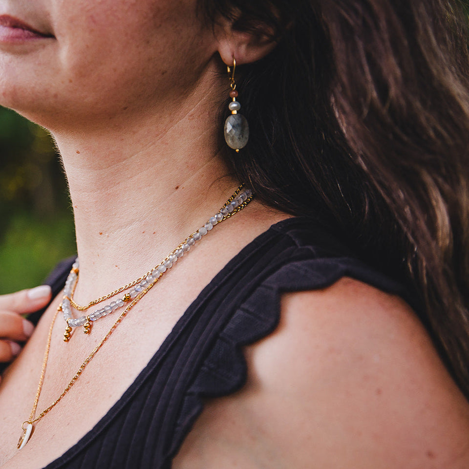 Boucles d’oreilles labradorite dorées pendantes 18K | ATHÉNA