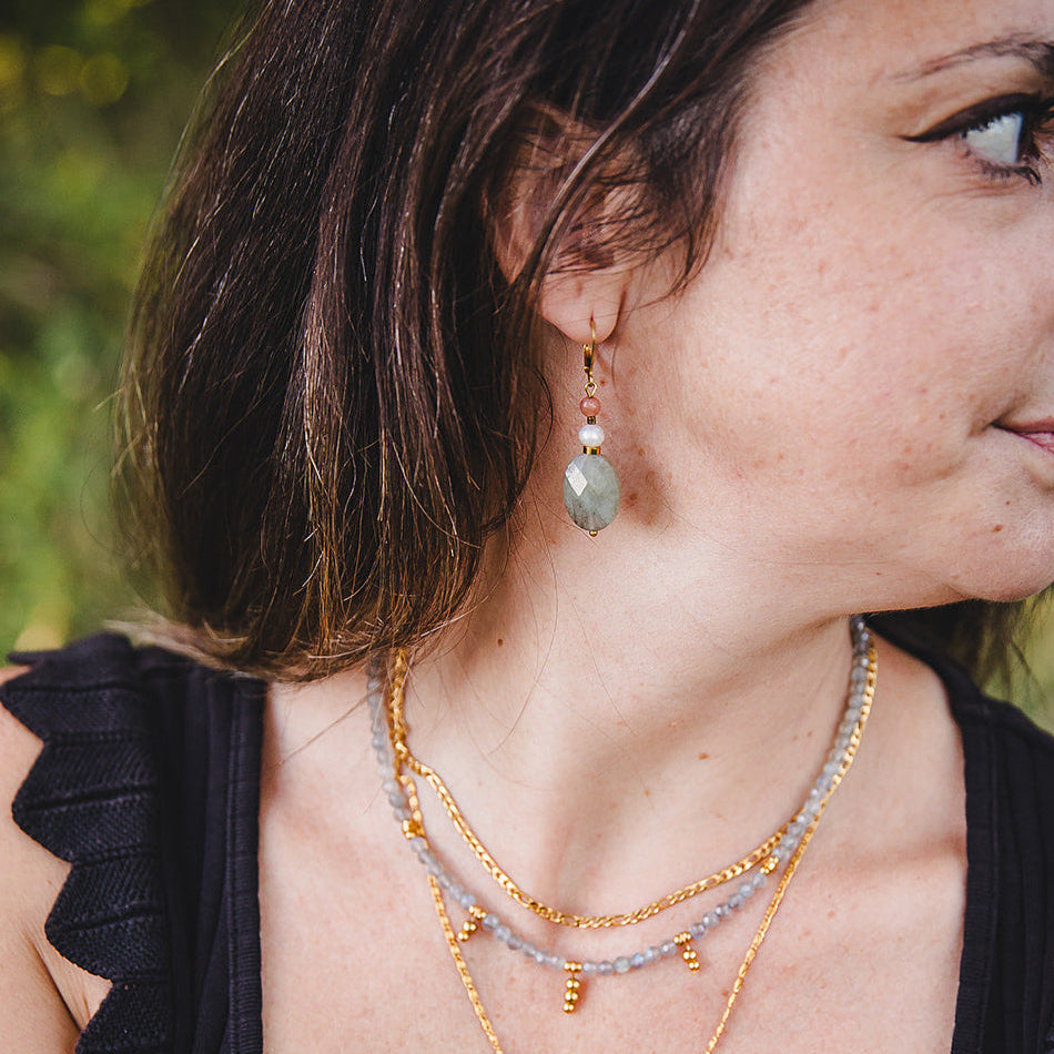 Boucles d’oreilles labradorite dorées pendantes 18K | ATHÉNA