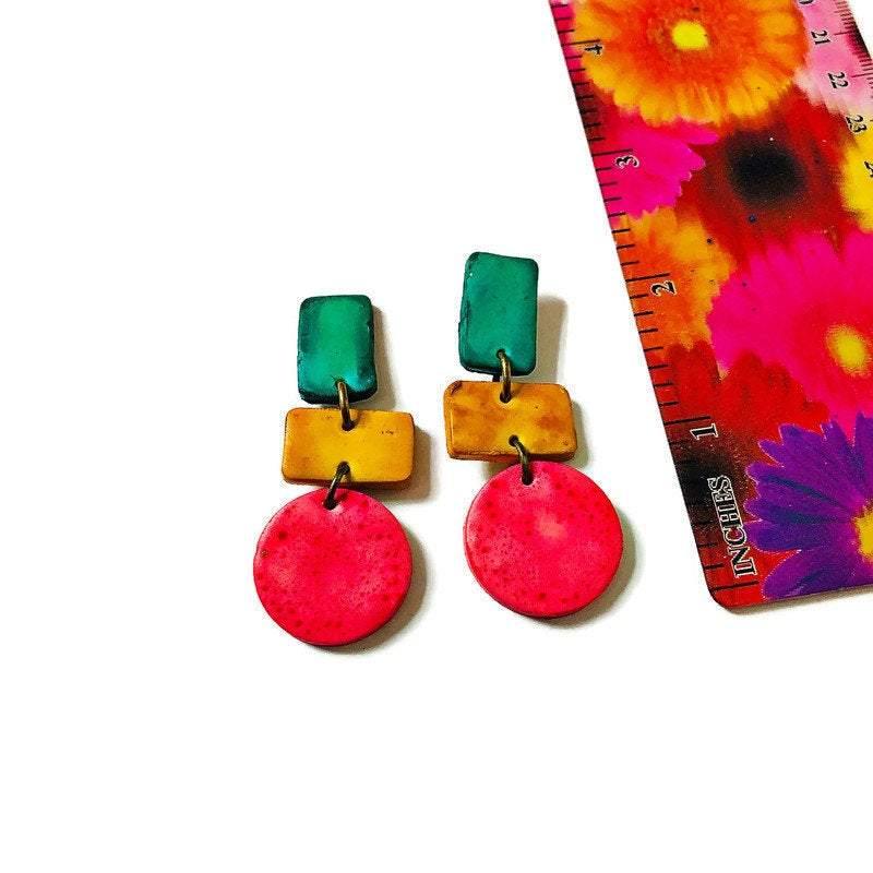 Pastel Clip On Statement Earrings, Turquoise Yellow Pink – "Dani"