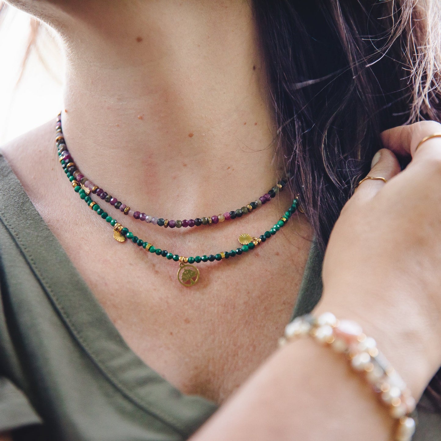 Collier en Malachite avec pendentif arbre de vie | DEMETER