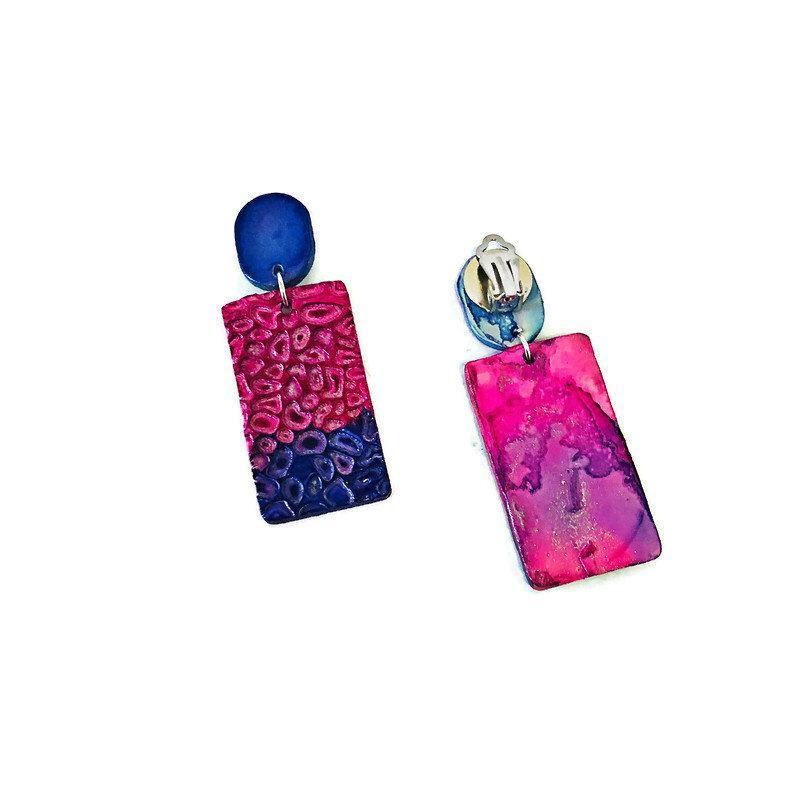 Colorful Clip On Earrings Handmade from Clay & Painted Pink Purple