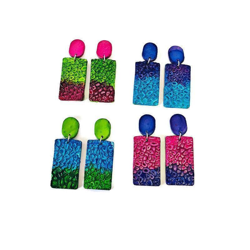 Colorful Clip On Earrings Handmade from Clay & Painted Pink Purple