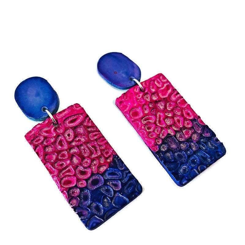 Colorful Clip On Earrings Handmade from Clay & Painted Pink Purple