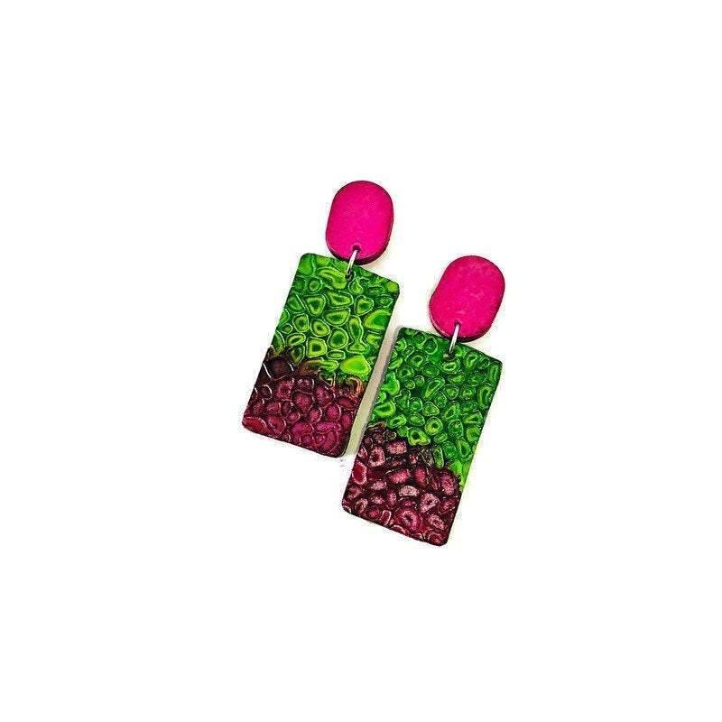 Colorful Clip On Earrings Handmade from Clay & Painted Pink Purple