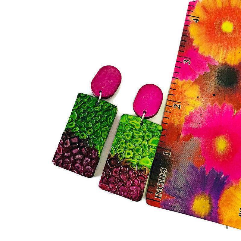 Colorful Clip On Earrings Handmade from Clay & Painted Pink Purple