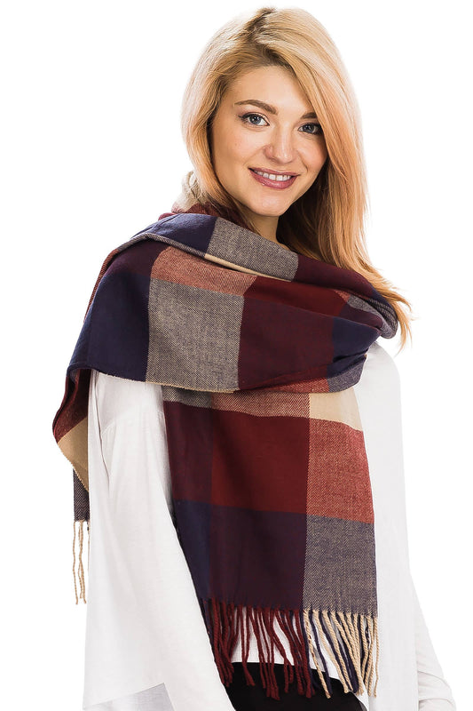 Windowpane Plaid Vegan Cashmere Long Wrap Scarf: BURGUNDY/BEIGE