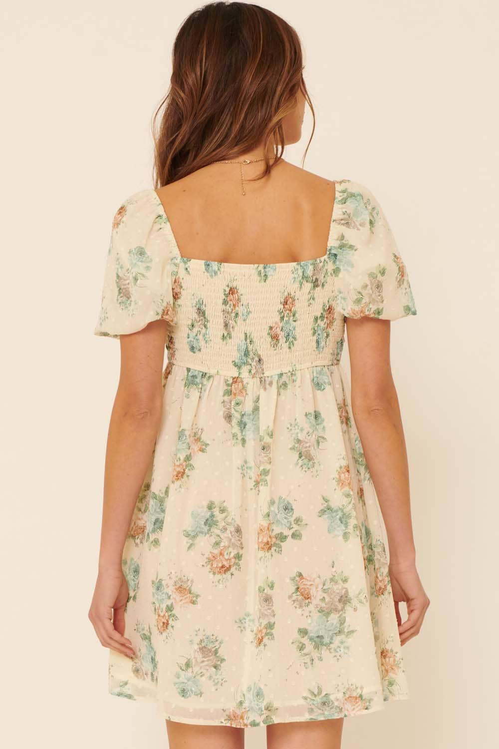 Floral Swiss Dot Sweetheart Smock Back Mini Dress