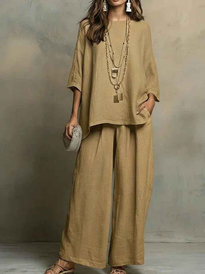 Loose Fit Linen Blend Shirt & Wide Leg Pants Two-Piece Set