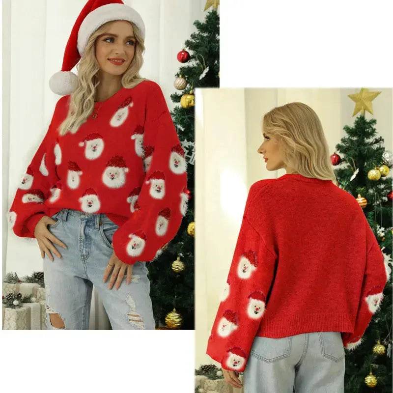 Christmas Sweater Women Cute Santa Print Knit Sweater