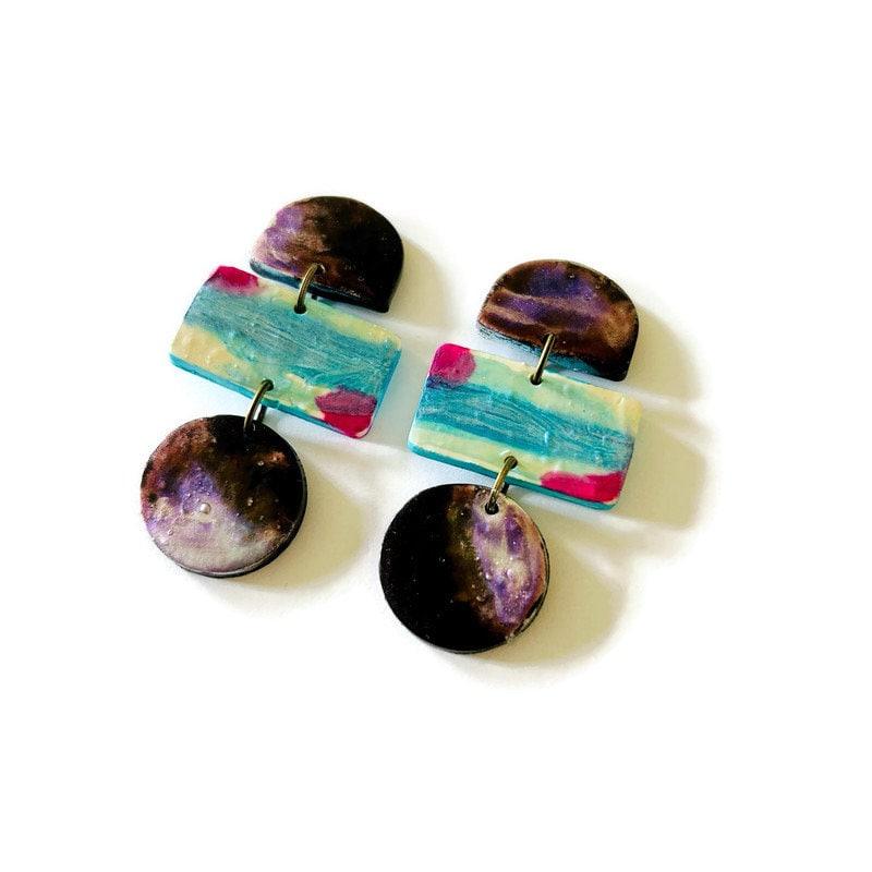 Funky Statement Earrings Painted in Abstract Style